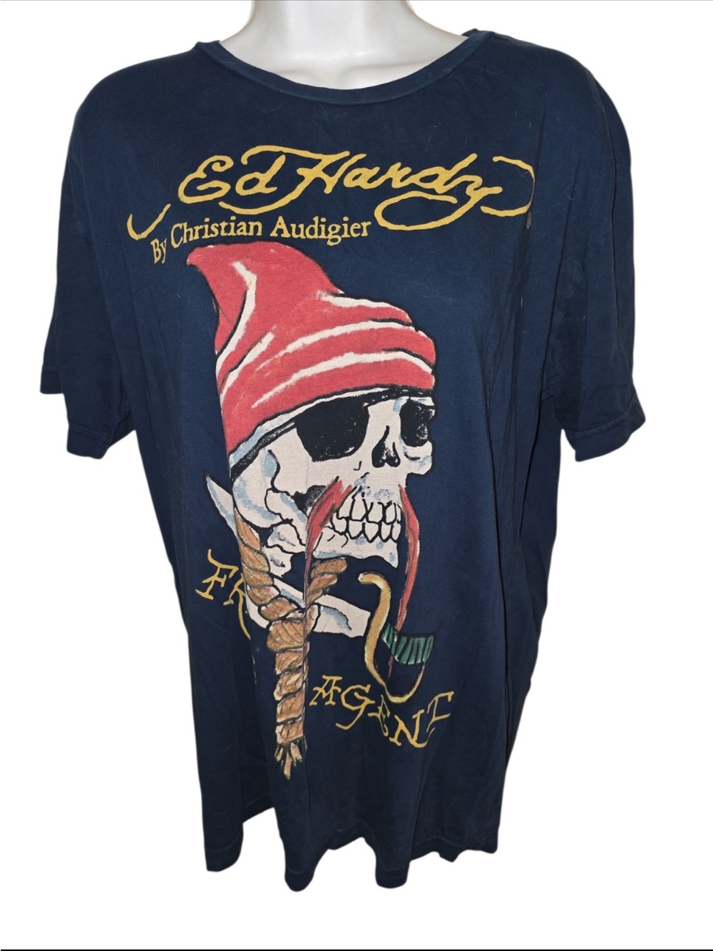 Ed Hardy Navy Short Sleeve Tee with Red Skull Beanie Free Agent SZ XL
